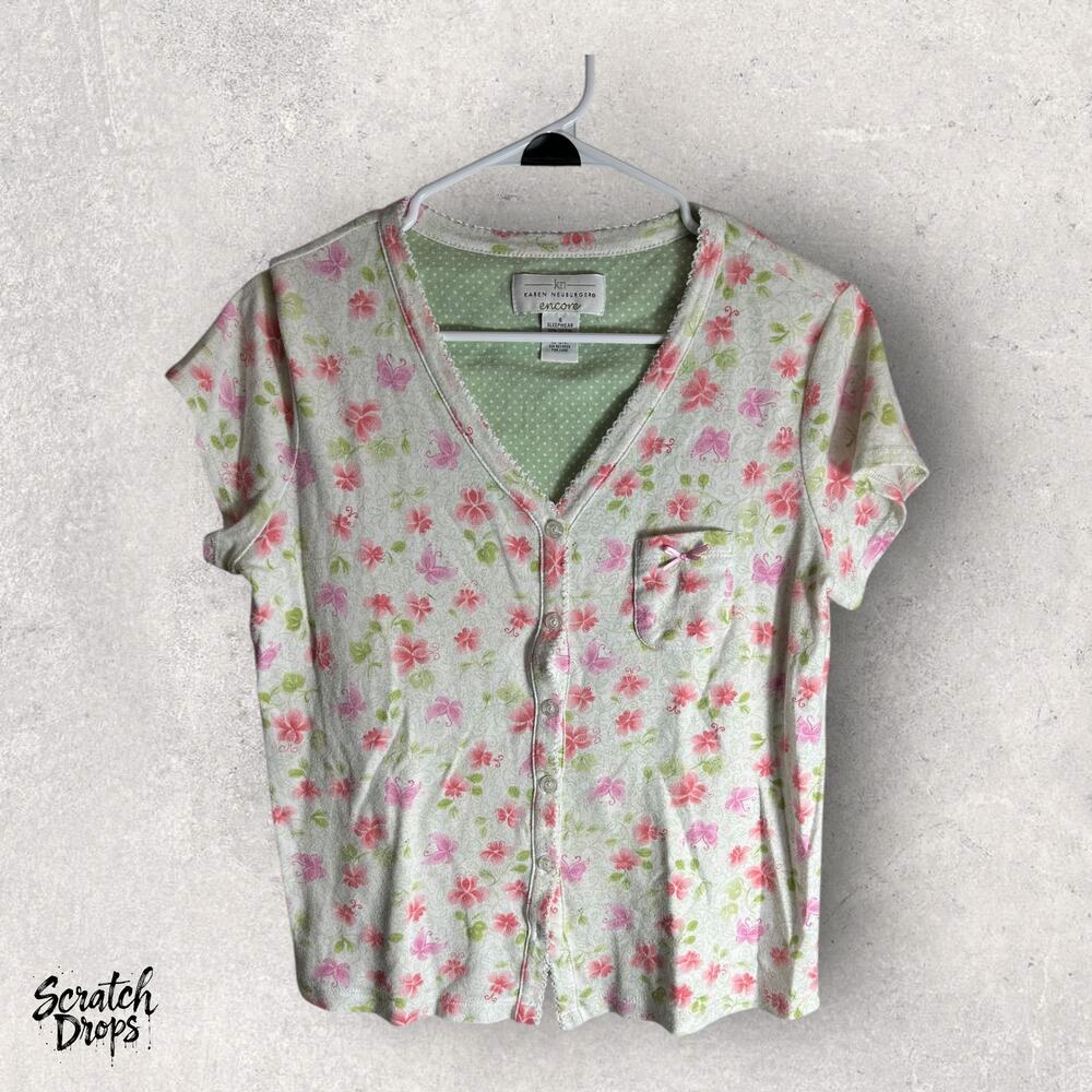 Karen Neuburger Pink Floral Sleepwear Top Size Small Button Front Short Sleeve